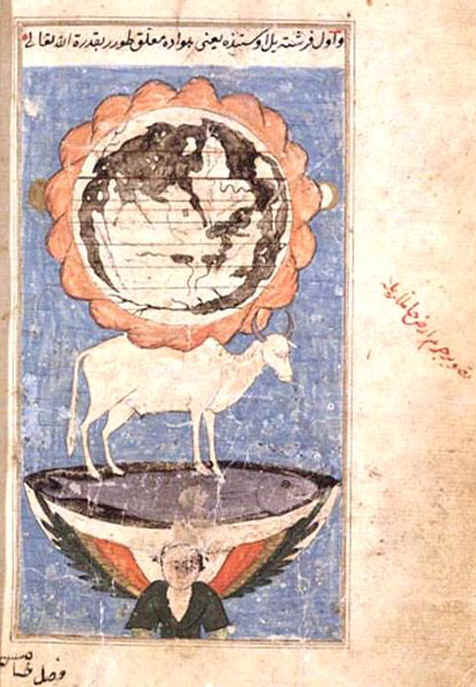 Medieval manuscript cosmology: the earth encircled by the mountain of Qaf, resting on the bull, the fish and the water