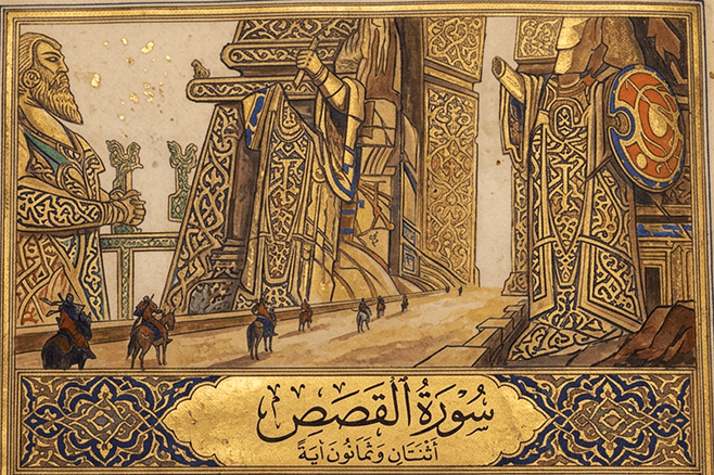 Gilded manuscript illumination of a caravan passing carved gateways, with Arabic calligraphy below