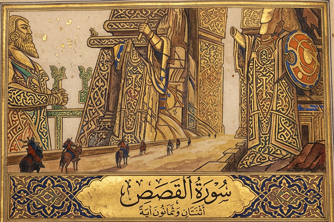 Illuminated manuscript page with gilded Arabic calligraphy and a caravan passing carved stone facades