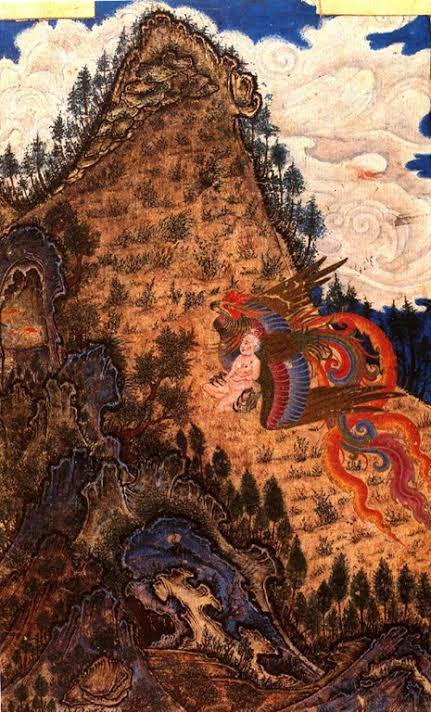 Illuminated manuscript painting of the Simorgh on the slopes of the mountain of Qaf