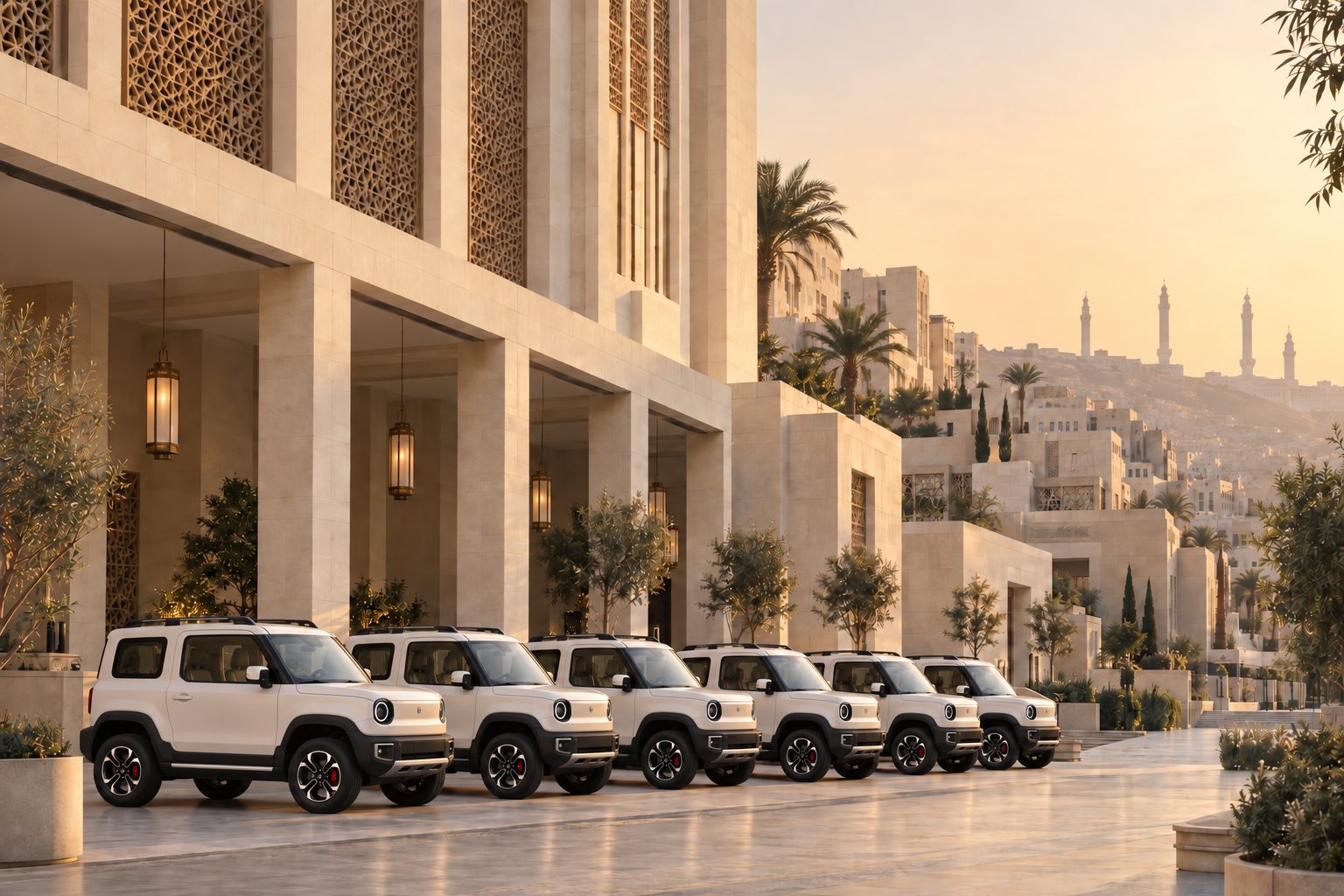 A row of QAF Stone in a hotel livery on a pale-stone forecourt under a colonnade