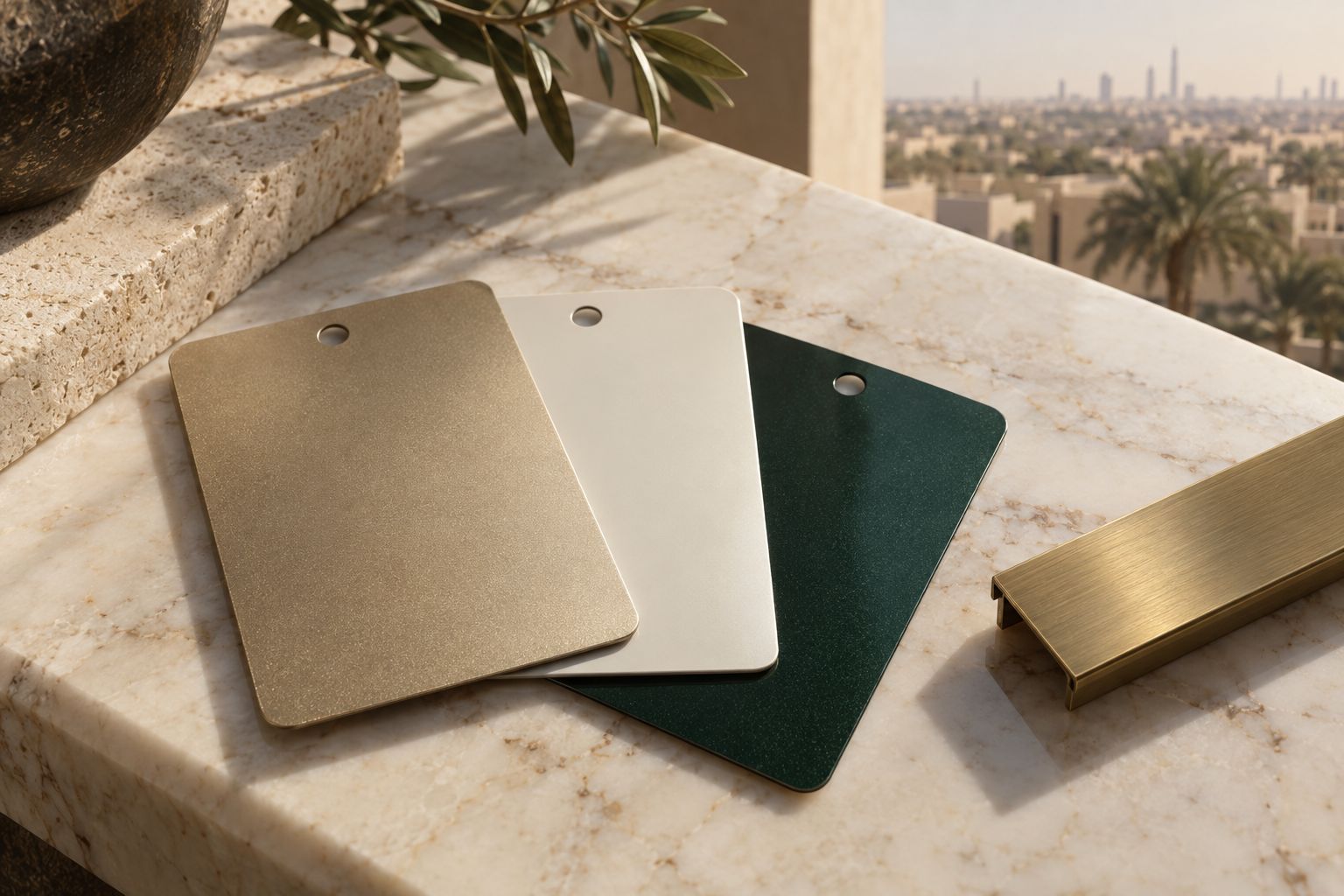 Five painted sample panels in a row, sands and stones, one in deep emerald