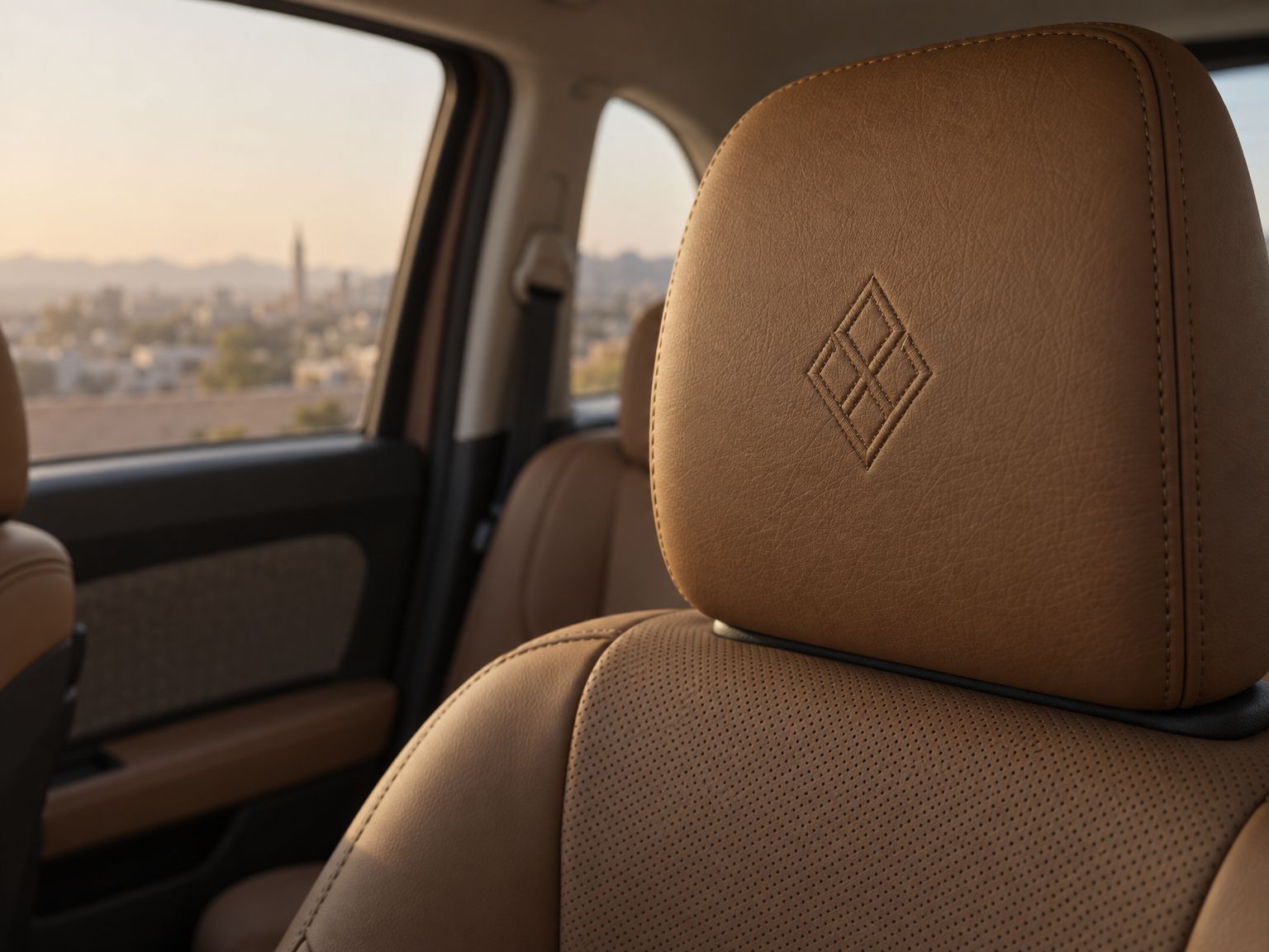 An embroidered monogram on a tan leather headrest