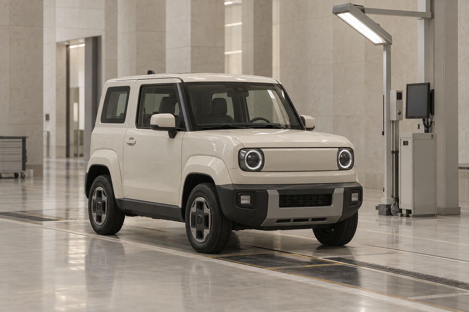 A finished vehicle under inspection lights