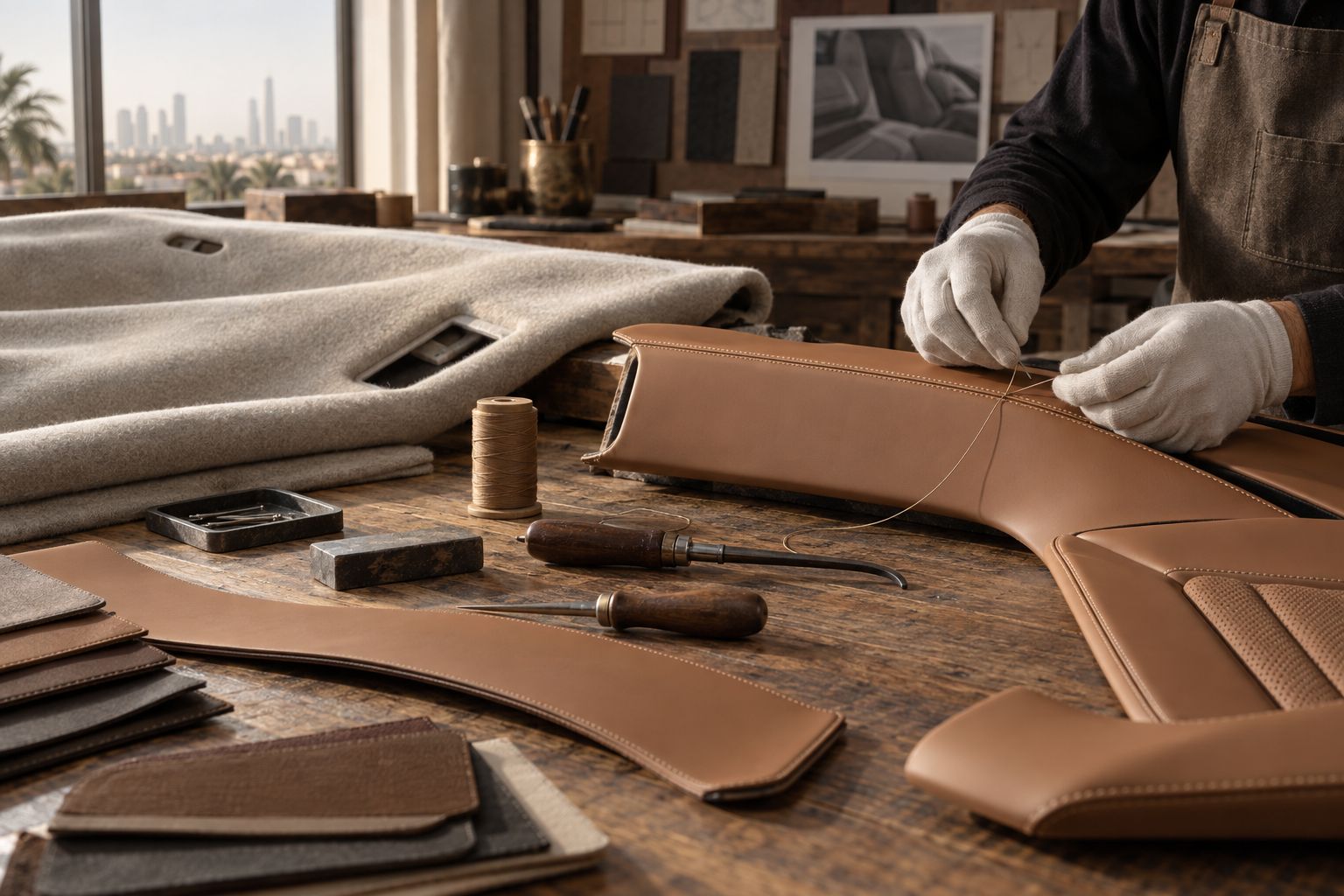 A trimmer fitting a leather seat cover