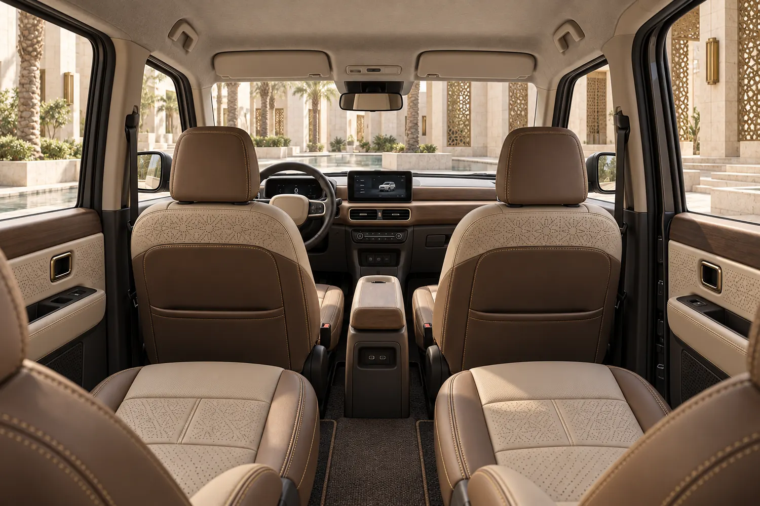 The QAF cabin in mocha and bone with geometric leather details and a view towards the palms