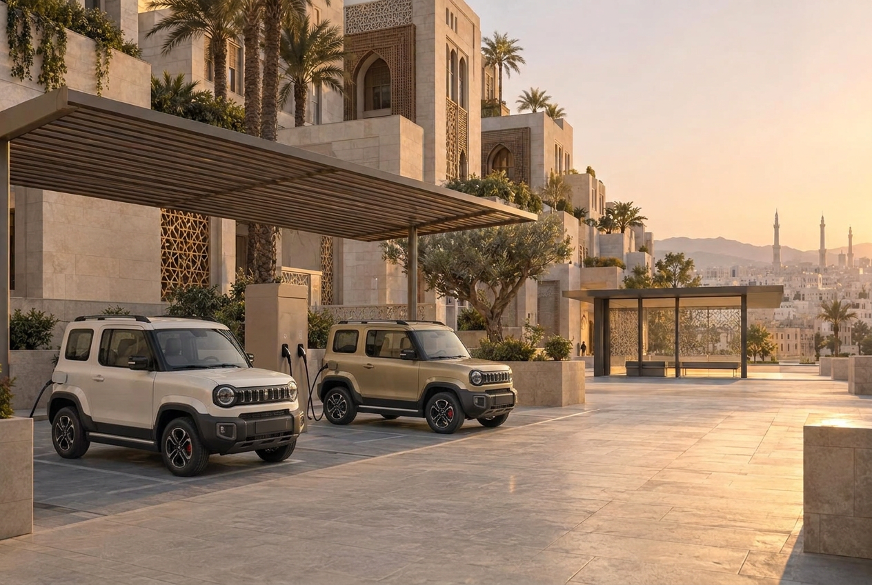 A QAF depot charger beside two vehicles in a shaded courtyard