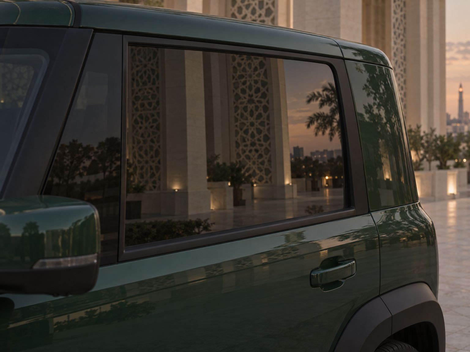 Privacy glass reflecting a colonnade