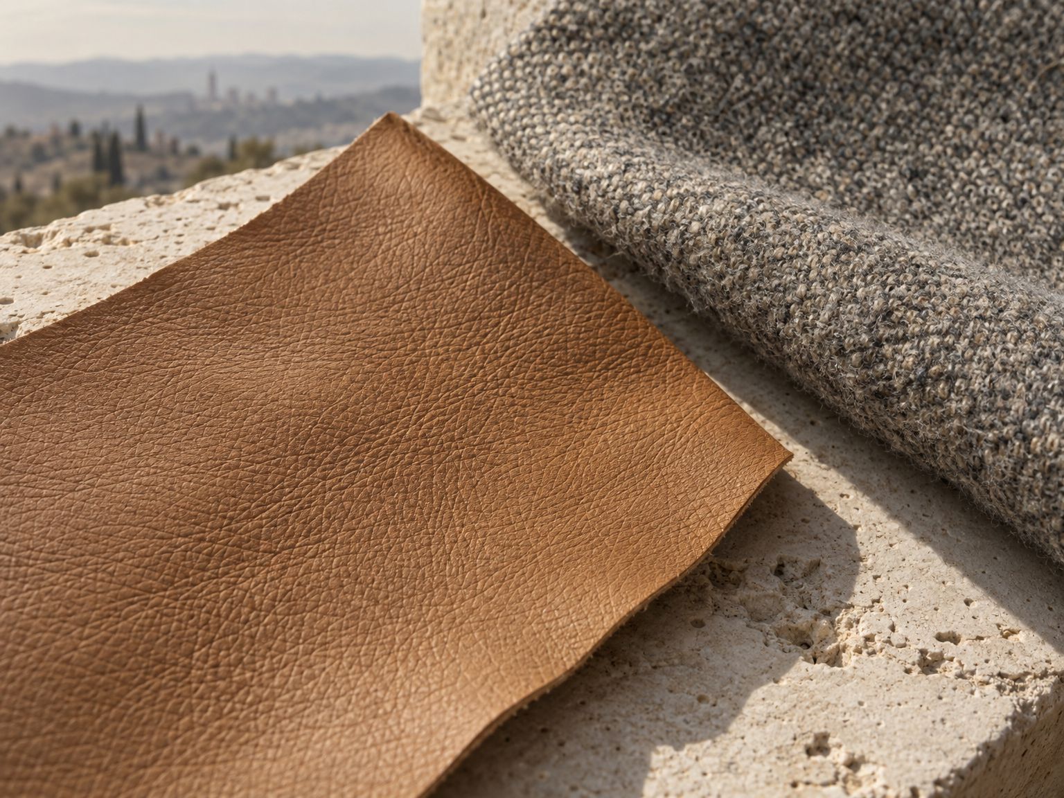 Tan leather and a grey wool swatch side by side