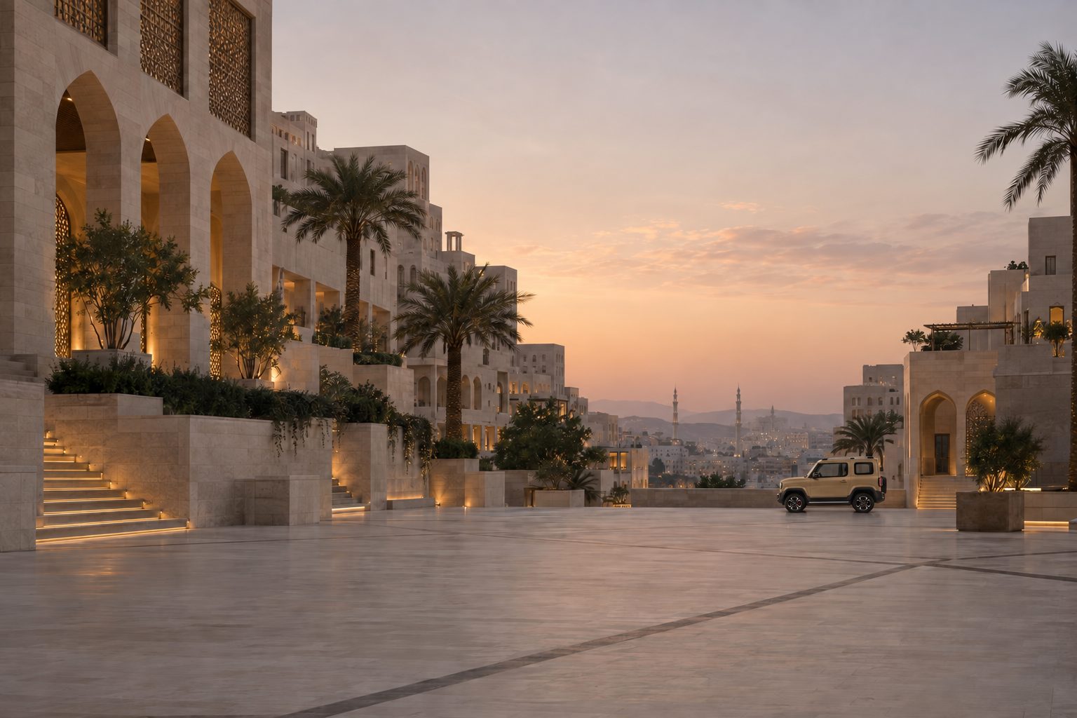 A wide plaza of pale stone at dusk, terraces stepping up on both sides, a single QAF at the far edge