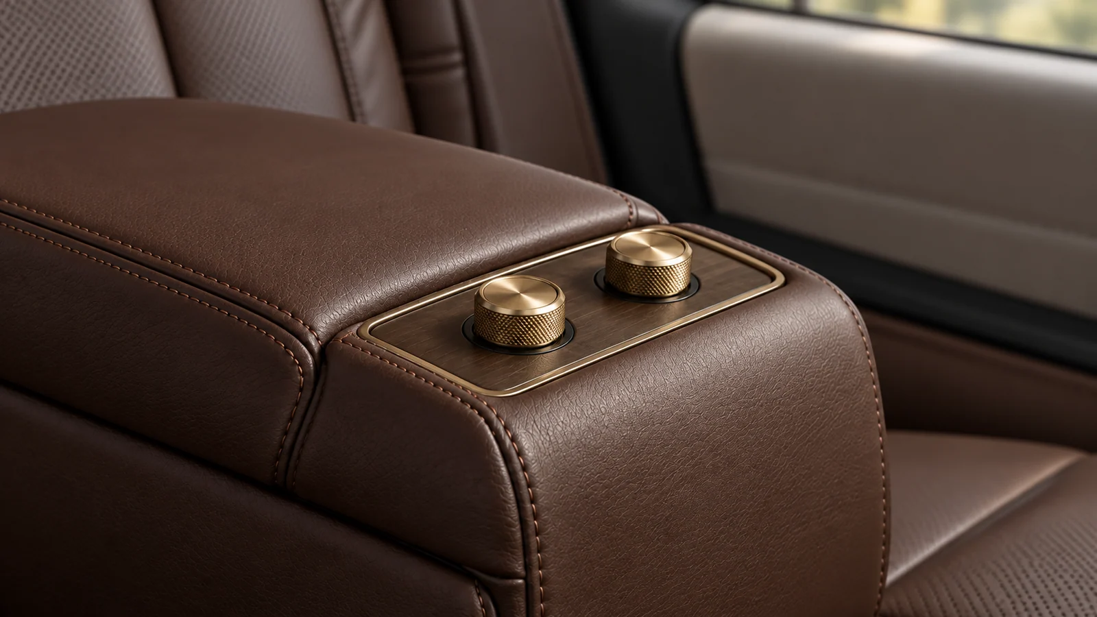 Two satin-brass rotary controls in a mocha leather armrest