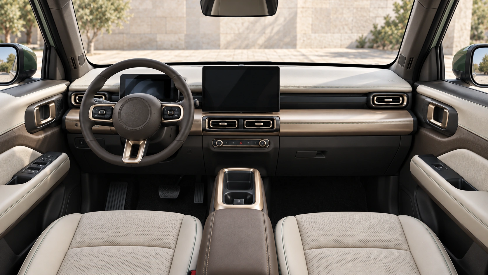 The proposed Emerald cabin in bone and mocha, with a central guest console