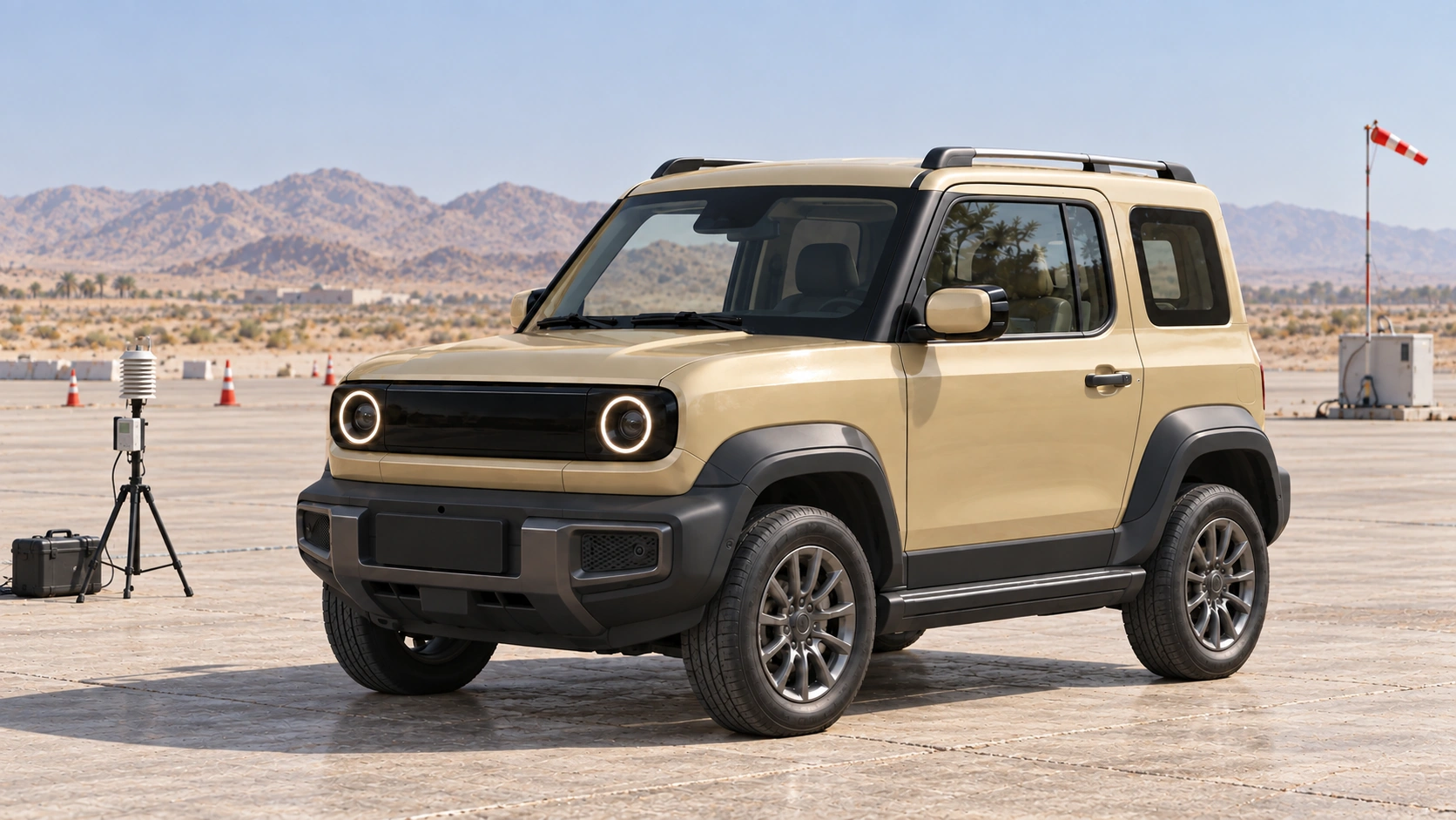A sand-gold three-door QAF concept on a Saudi thermal-testing apron