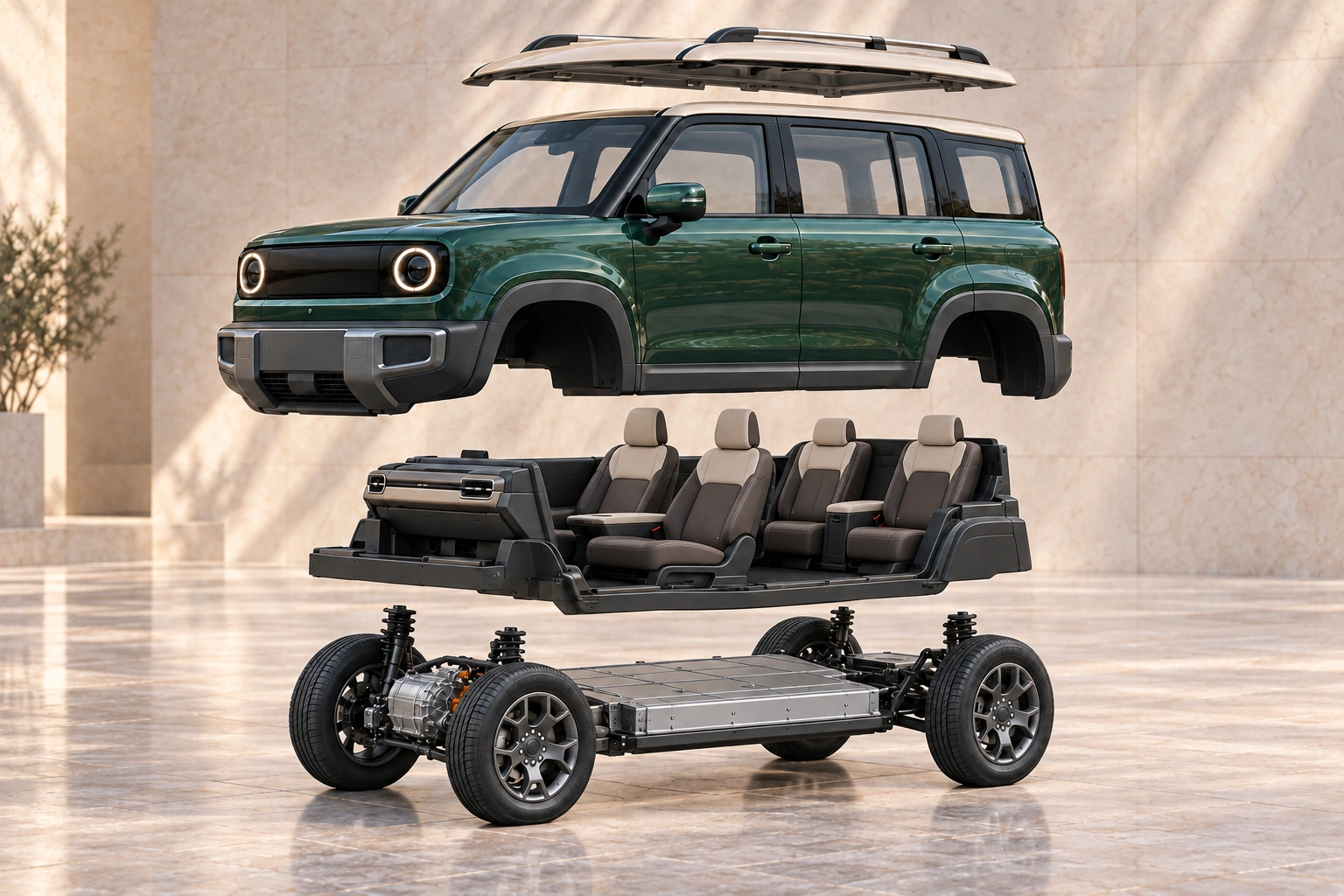 QAF Emerald 5-door design study in dark green: illustrative body, cabin and rolling-platform assembly