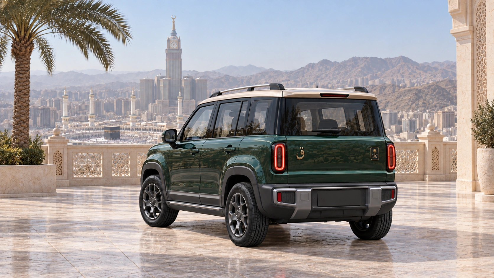 An emerald five-door QAF on an elevated Makkah terrace in warm morning light