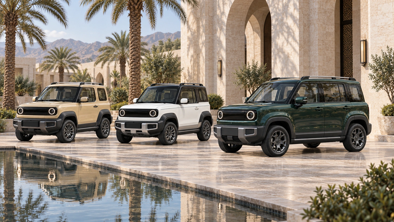 Sand-gold and white three-door QAFs beside a longer dark-green five-door QAF in a Saudi courtyard
