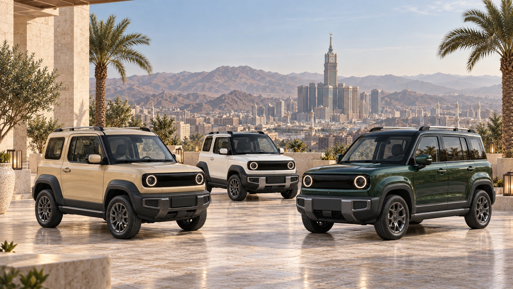 The three QAF design studies on a private terrace overlooking Makkah in soft morning light