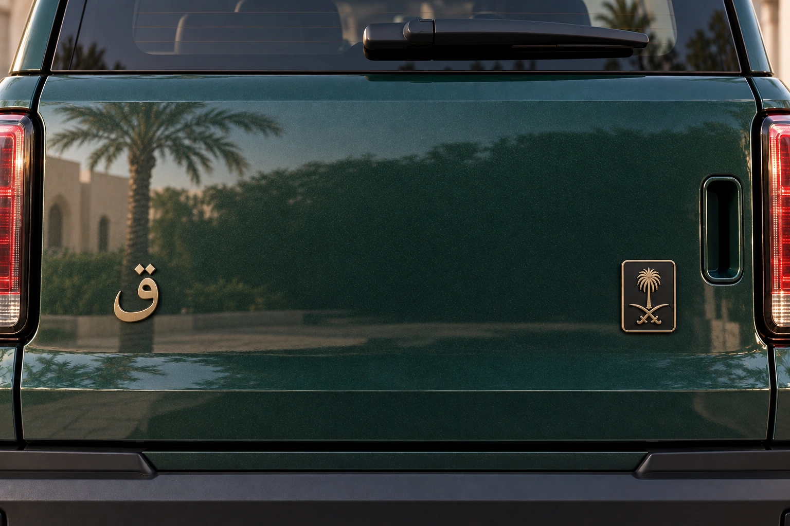 Two shallow satin-brass tailgate details: Arabic qaf on the left and Saudi palm-and-swords plaque on the right