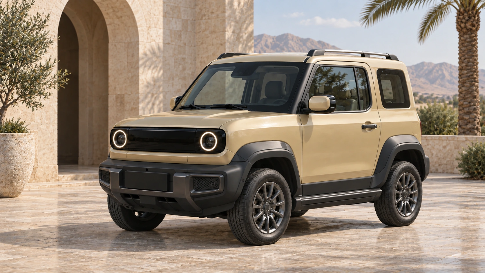 Sand 3-door QAF in sand-gold and bone, three-quarter view in a Saudi marble courtyard