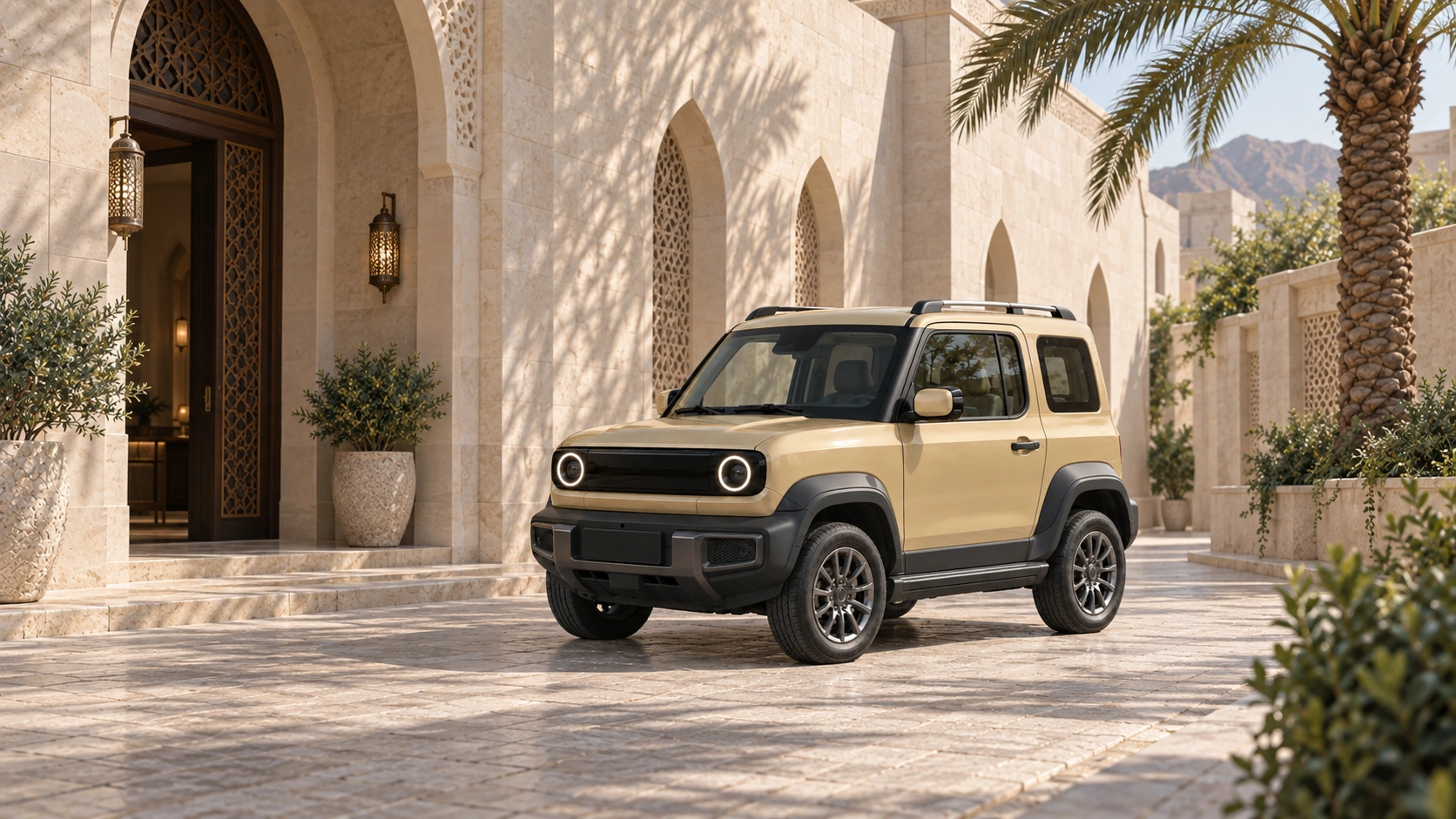 Sand-gold three-door QAF Sand in a shaded limestone arrival lane