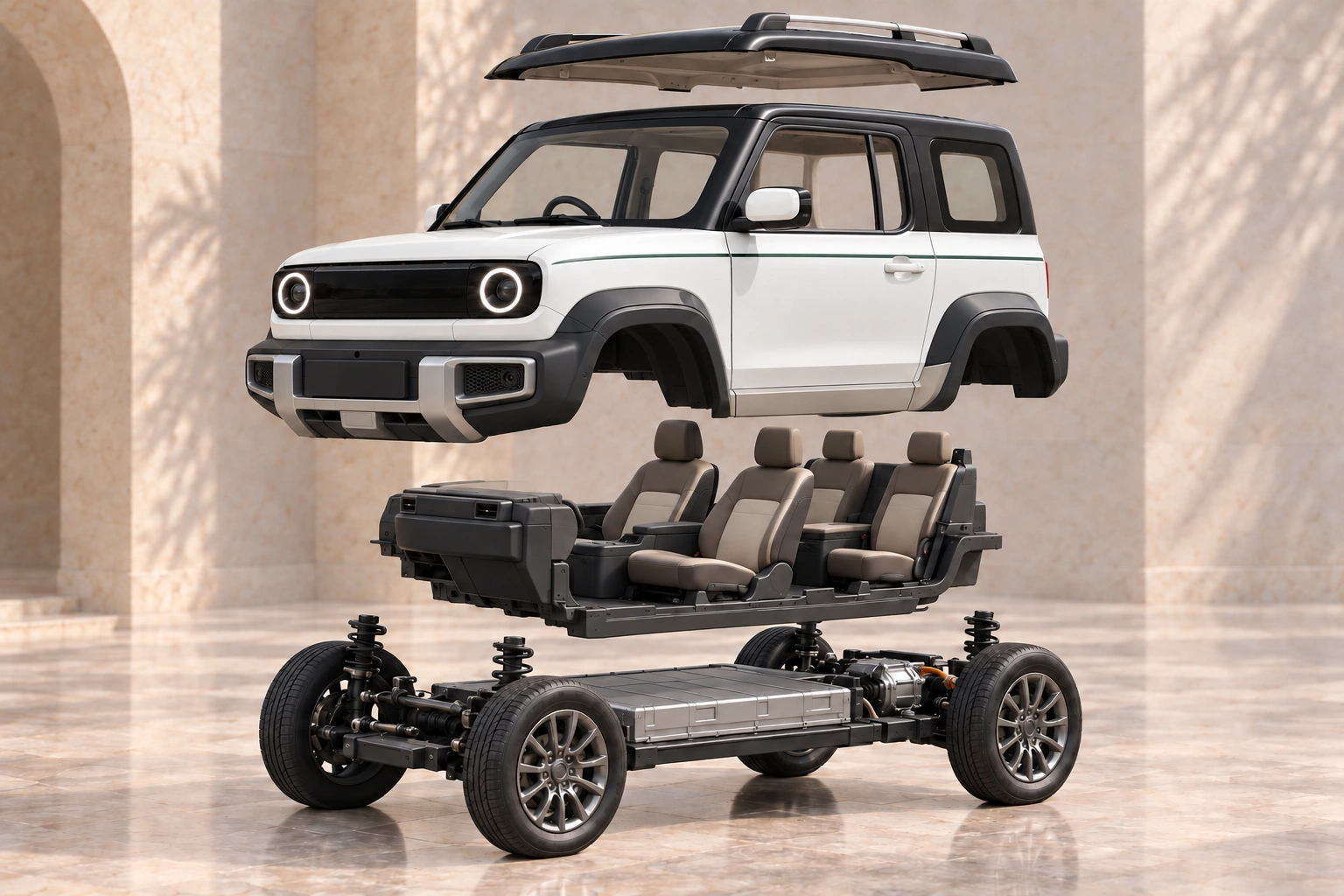 QAF Stone 3-door design study in pearl white: illustrative body, cabin and rolling-platform assembly