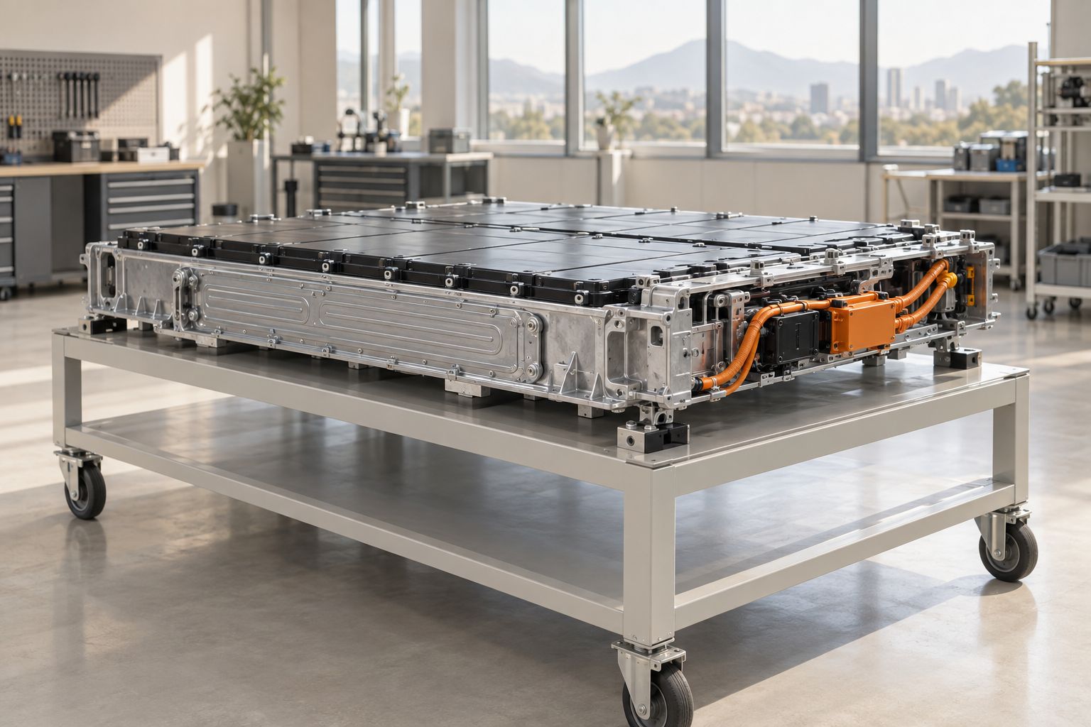 A lithium iron phosphate battery module on a bench
