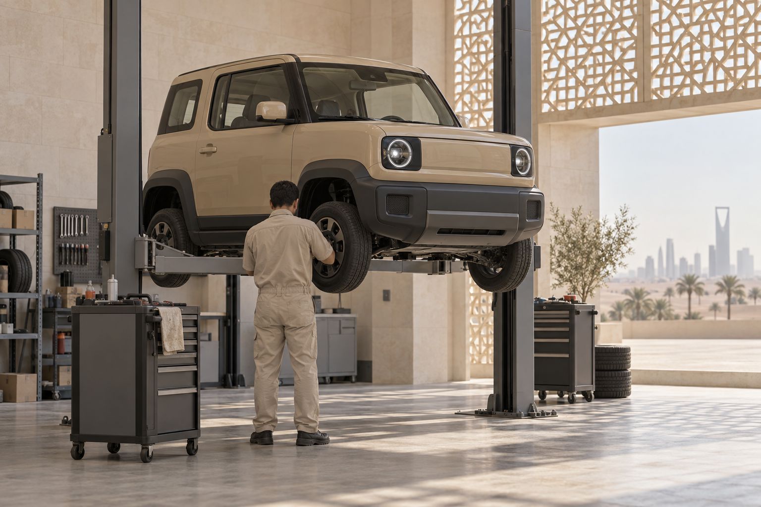 A QAF vehicle on a lift in a bright workshop