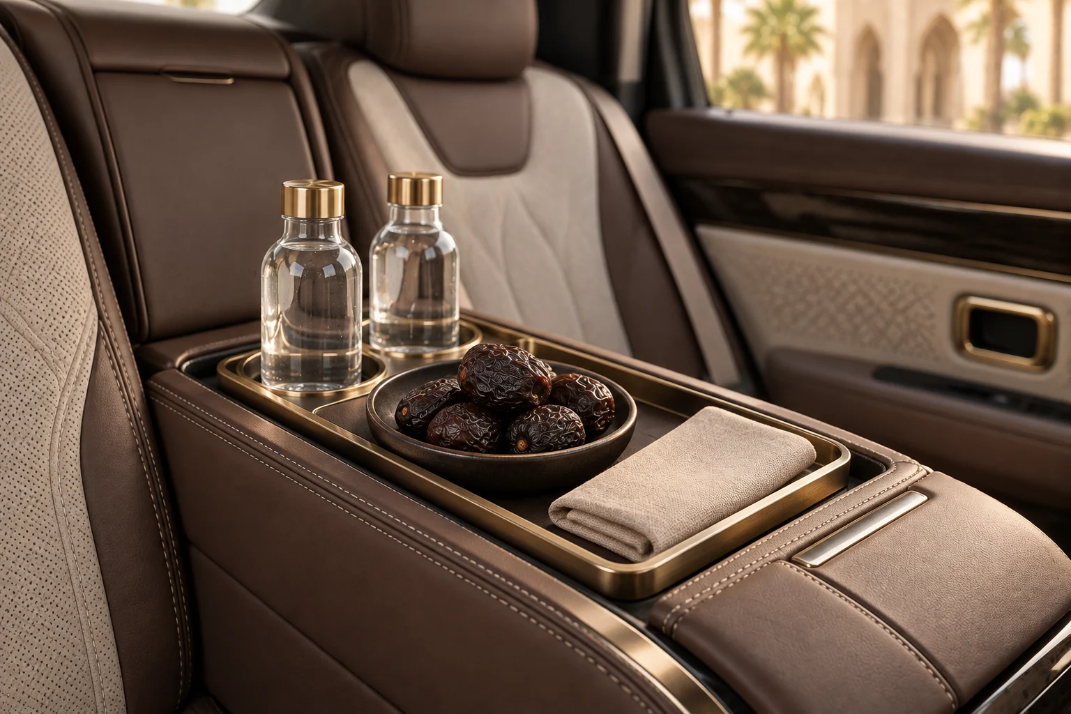 Dates and water in a fitted brass hospitality tray on a mocha armrest
