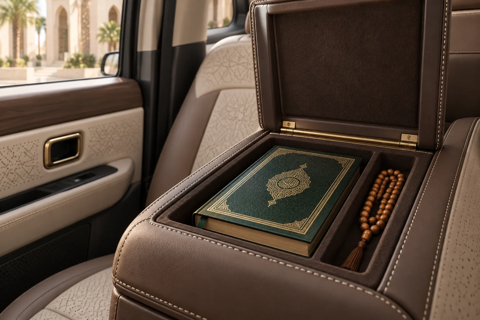 A closed emerald Qur’an in a raised, lined console compartment with a separate tasbih recess