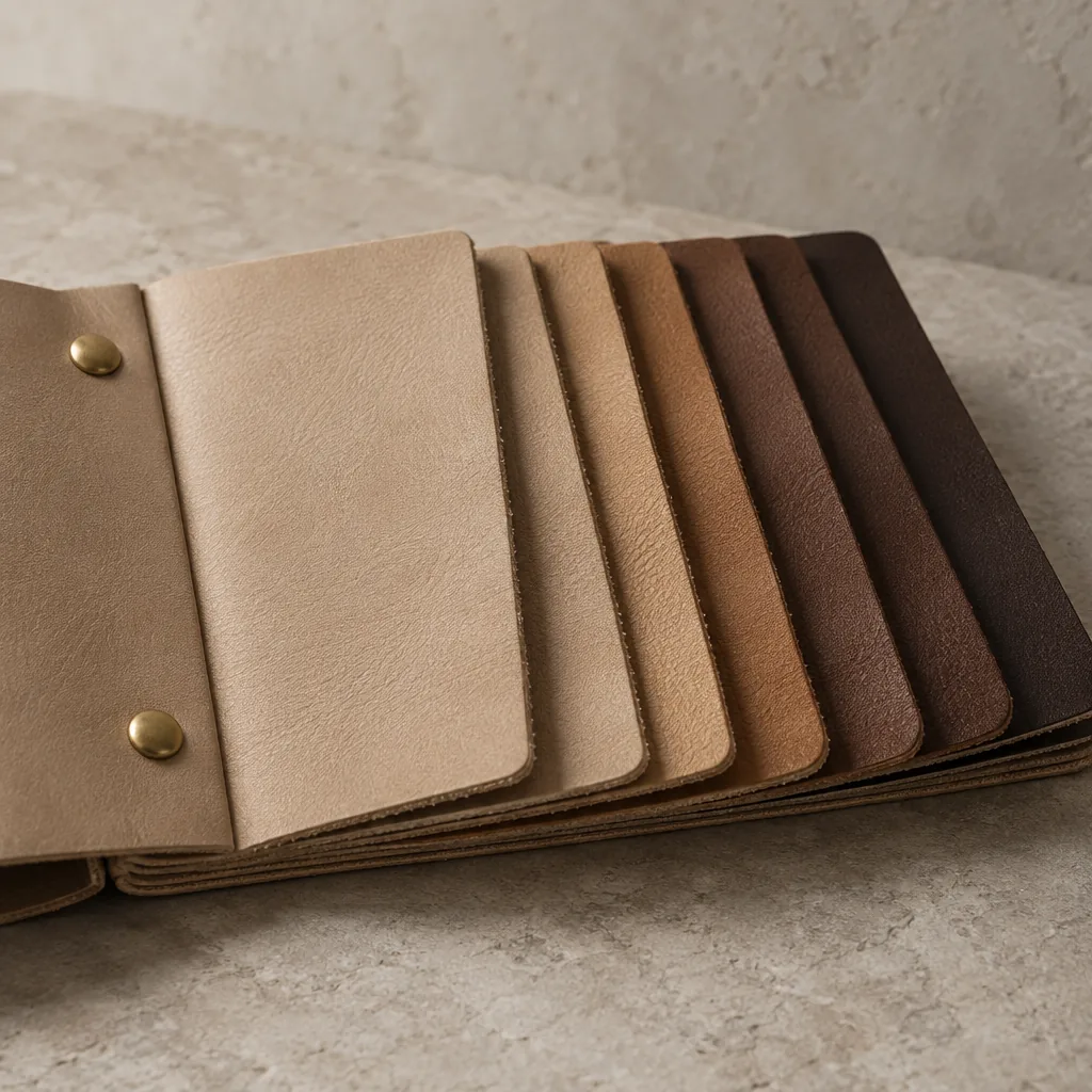 A swatch book of matte vegetable-tanned leather in sand and mocha