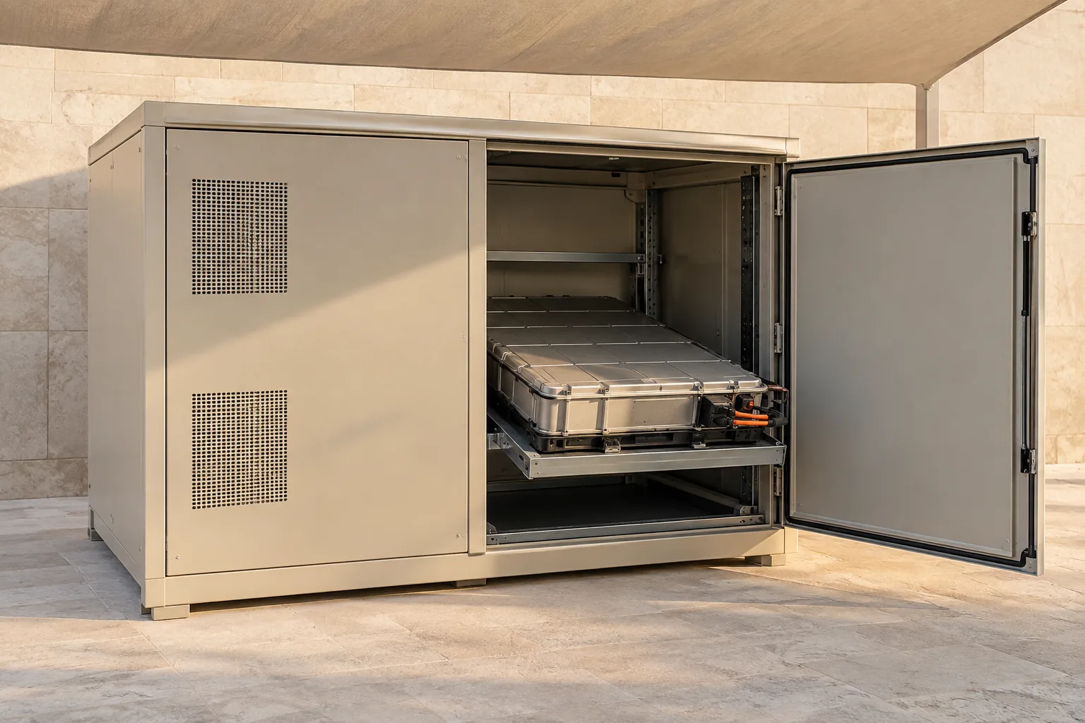 A sand-coloured depot cabinet under a shade canopy with a retired vehicle pack visible through an open service door