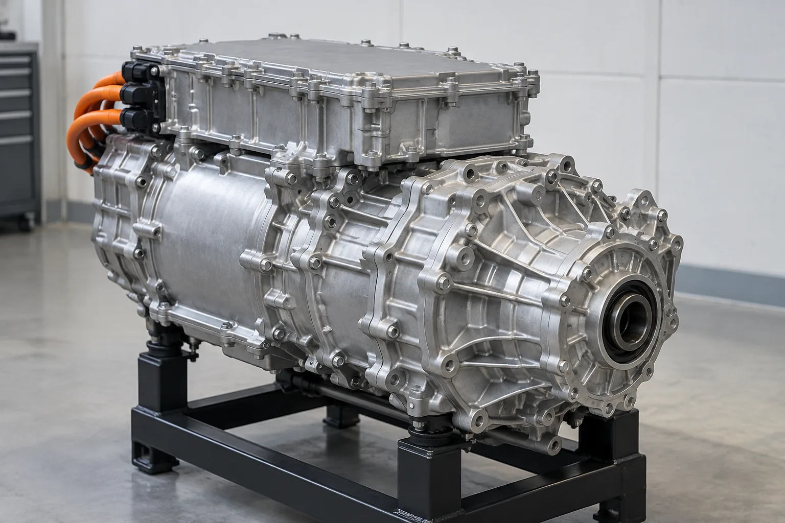 A compact electric drive unit — motor, reduction gear and inverter as one casting — on a stand