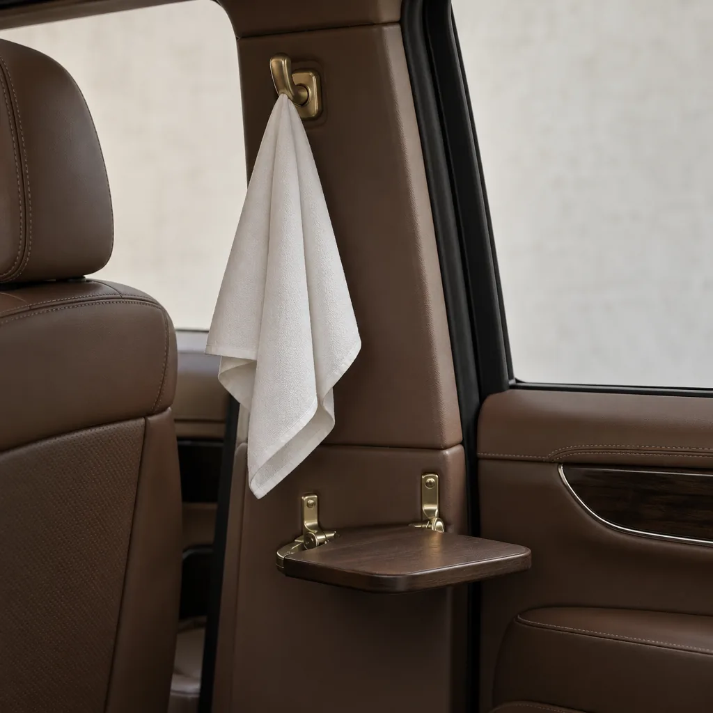 A discreet cabin hook designed to keep a guest’s garment neatly hung