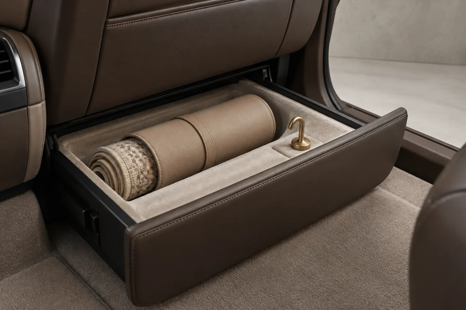 A neatly rolled prayer mat in its own lined cabin compartment