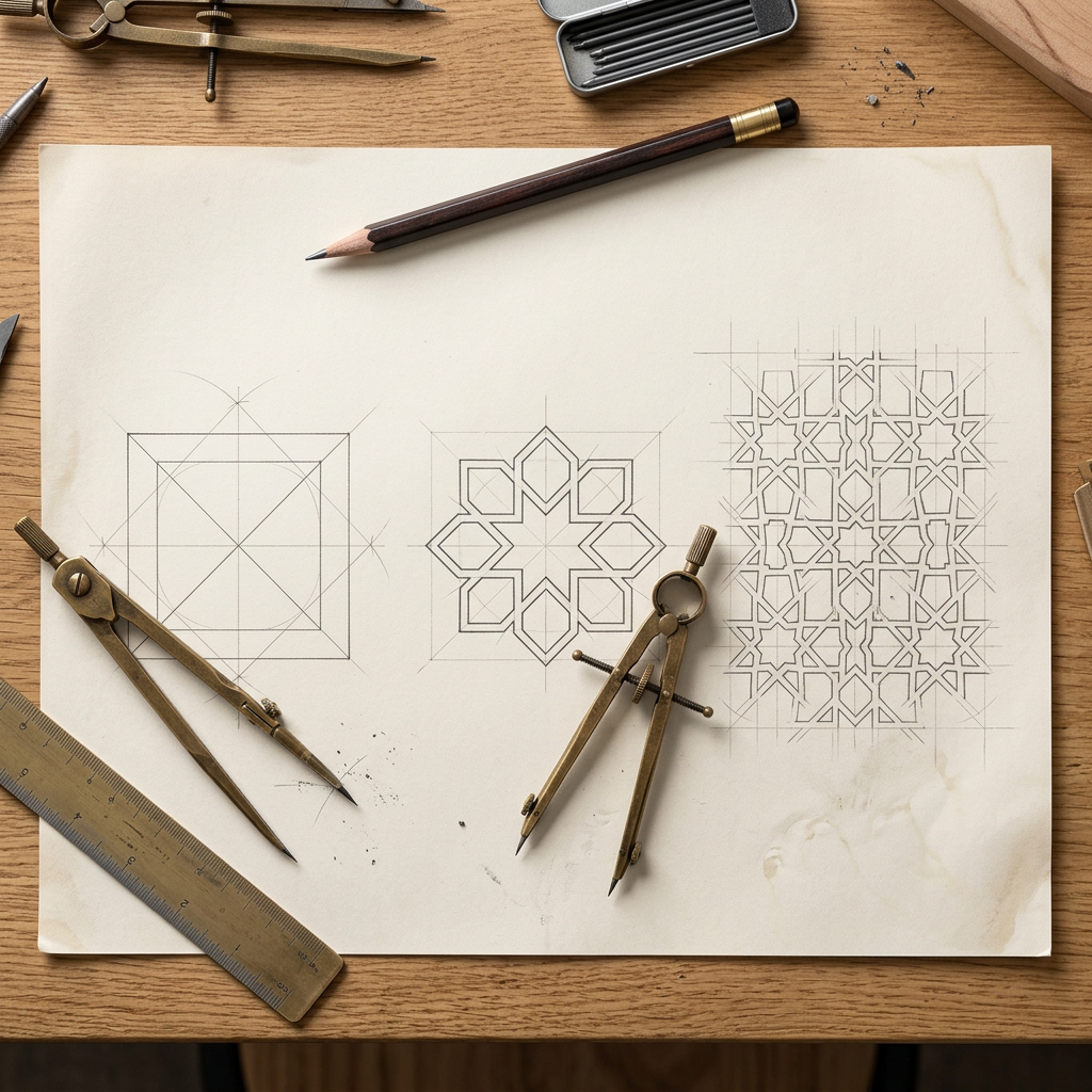 Two overlaid squares forming an eight-pointed star, tiled into a lattice, drawn in three steps