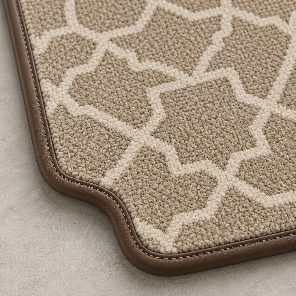 The corner of a woven floor mat carrying the lattice